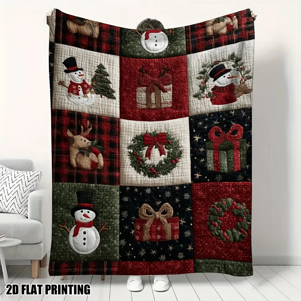 Christmas Buffalo Plaid Snowman Wreath Gift Reindeer Print Flannel Blanket Soft Plush Warm Throw Blanket, Farmhouse Quilt Block Xmas Holiday Decor Couch Bedroom Nap Blanket, Giftable Rustic Winter Christmas Home Comfort Blanket for All Seasons