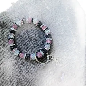 Bracelet Keychain Set with Pink and Black Beads and Silver Clasp