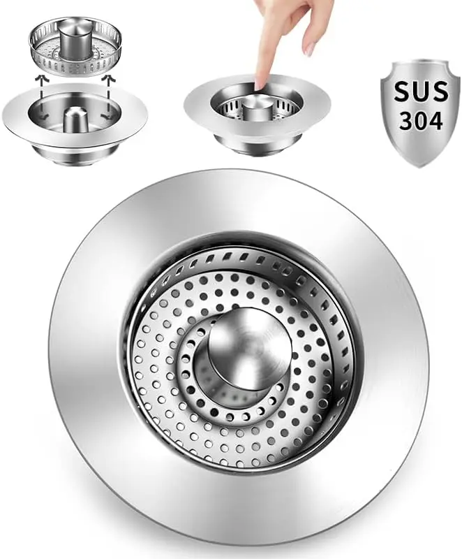 3-in-1 Kitchen Sink Drain Strainer – Stainless Steel Stopper, Anti-Clog Food Catcher, Odor Filter for US 3.5"