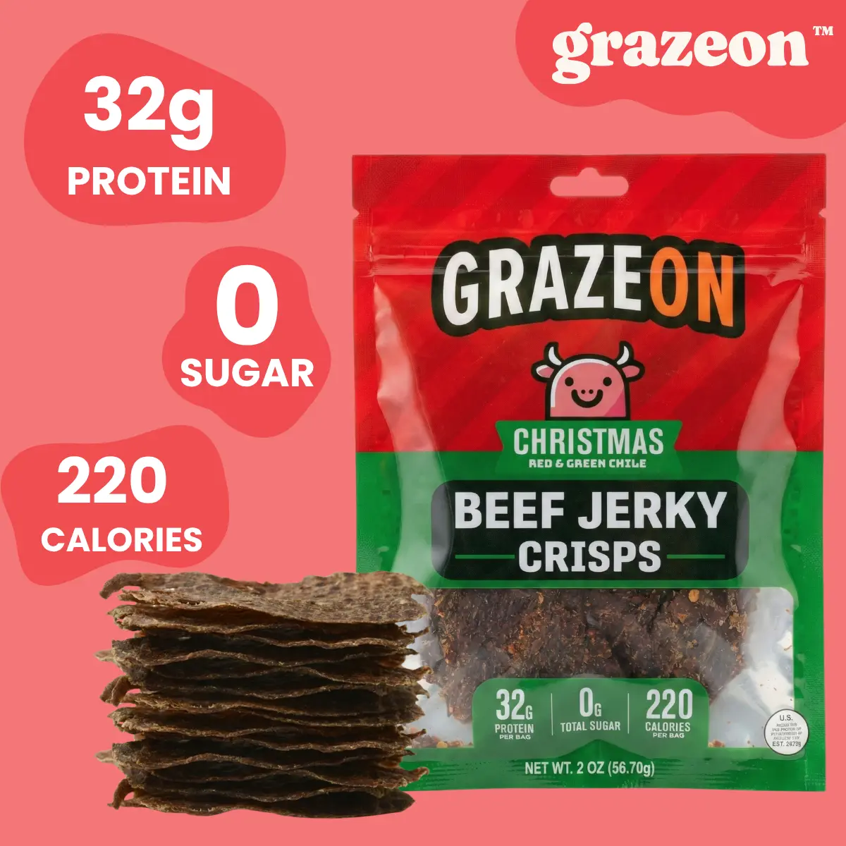 GrazeOn Christmas Beef Jerky Crisps High Protein 32g No Sugar Crunchy Air-Dried Meat Snack All-Natural 2.0 oz Low Carb Keto-Friendly