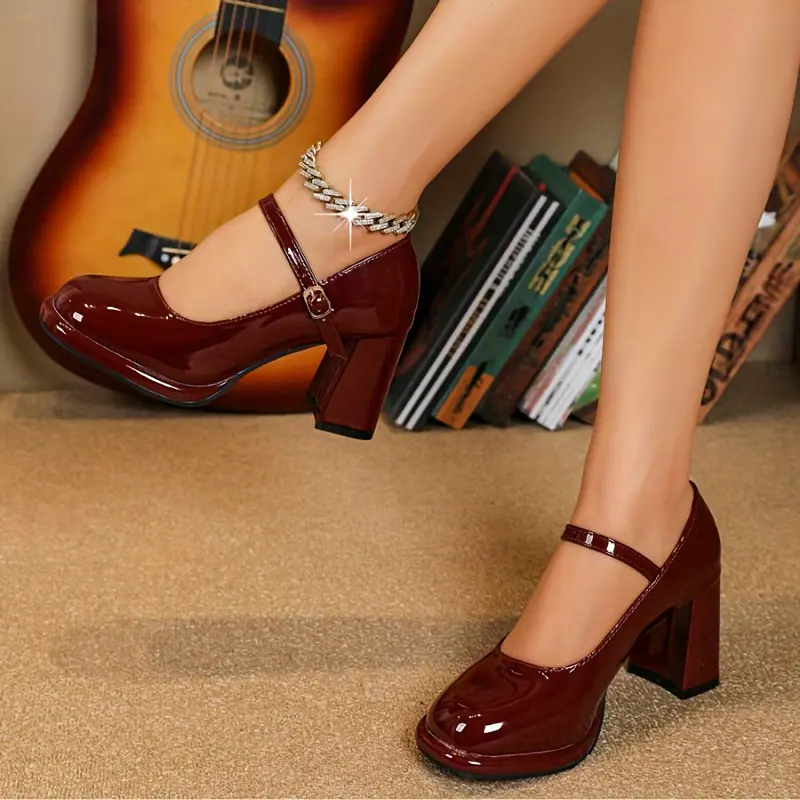 1 Pair Elegant Mid Heel Block Mary-Jane Pumps for Women - Solid Color, All-Season, Non-Slip Rubber Sole, Man-Made Upper/Inner, Comfortable Dress Footwear