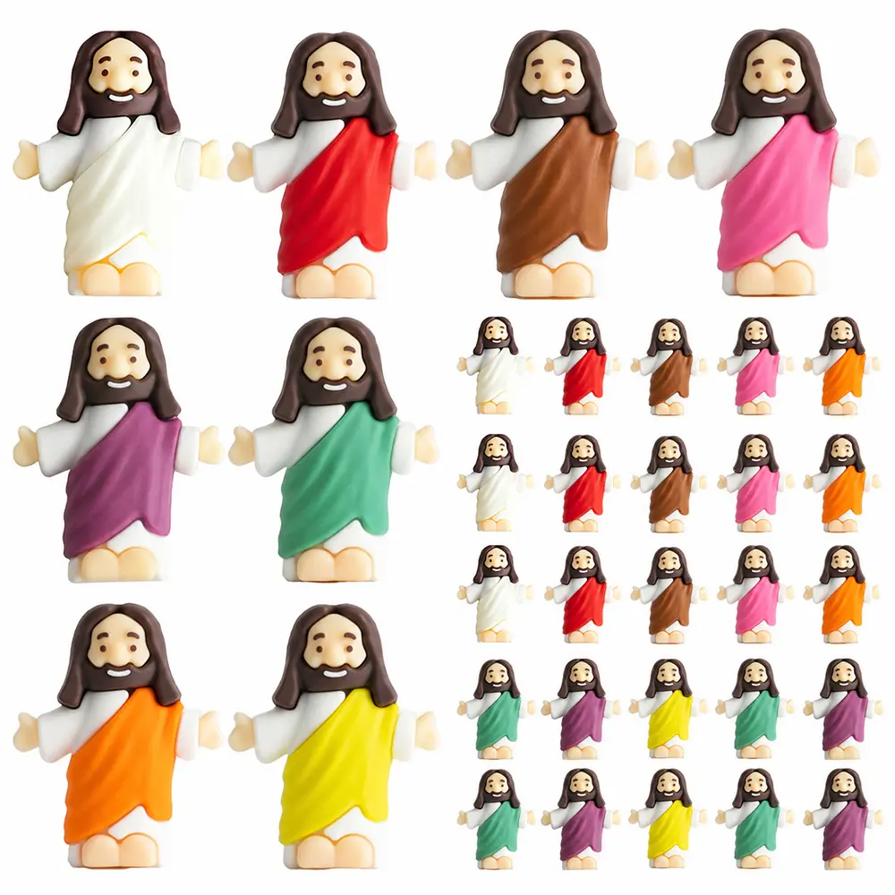 Small Religious Mini Jesus Figurine Rubber Set (16 pcs, 24 pcs Options) - Figurines & Miniatures, Religious Home Decor with Colorful Plastic Eggs, "Jesus Loves You" Tag, Easter Egg Fillers, Desk Collectibles, Sunday School Party Favors