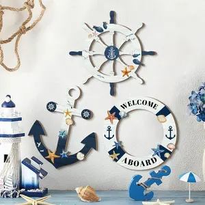 Nautical Wood Wall Decor, Steering Wheel Anchor Lifebuoy Welcome Sign, Sea Star Shell Small Fish Ocean Elements, DIY Home Decoration