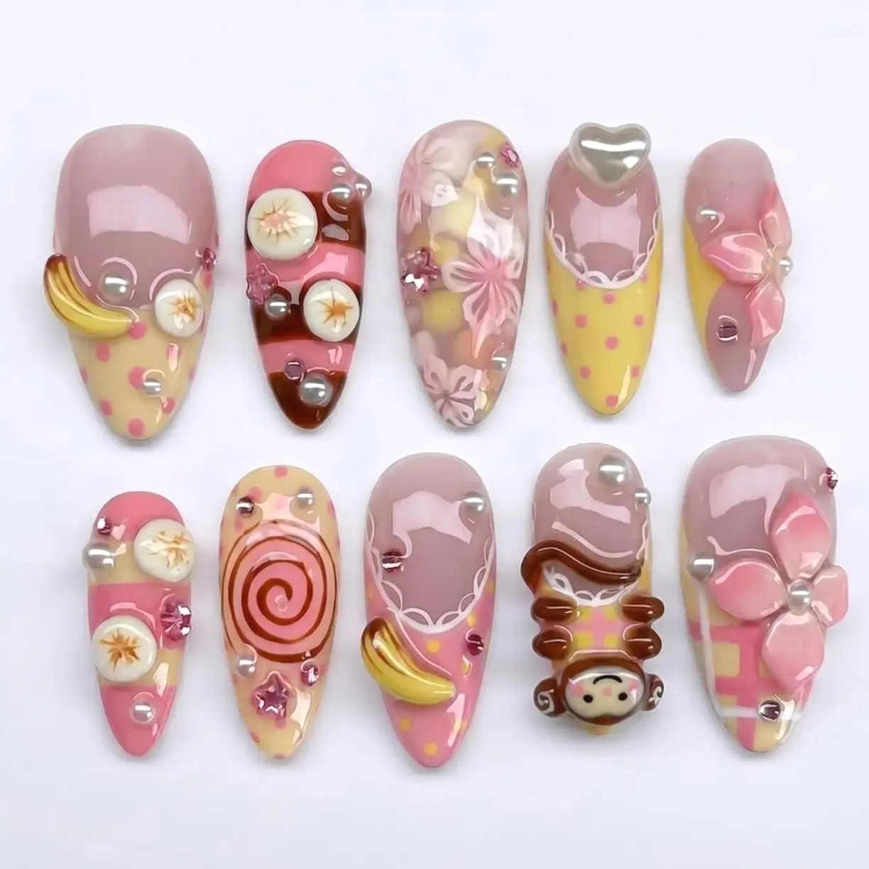 Cute Monkey Banana Press On Nails, Pink Yellow Dessert French Tips, 3D Monkey Charm, Banana Slice Swirl Candy Design, Bow Accent, Handmade Kawaii Press Ons