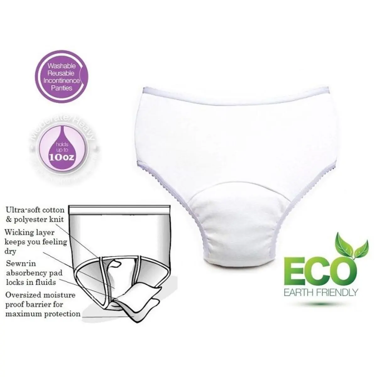 212 MAIN Women's Oversized Knit Reusable Incontinence Panty - 3XL, White, 10 oz, Polyester-Cotton Fabric, with Absorbent Pad