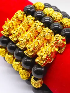 Men's Ethnic Style 12mm Six-Character Mantra High Quality Hand Chain Bracelet, Pixiu Imitated Obsidian Design, Large Size Leather Chain