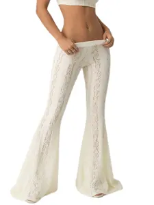 French Vintage Lace Flared Pants, All over Print, High Elasticity, Loose Fit, Drawstring Waist, Perfect for Vacation, Date Night, Party