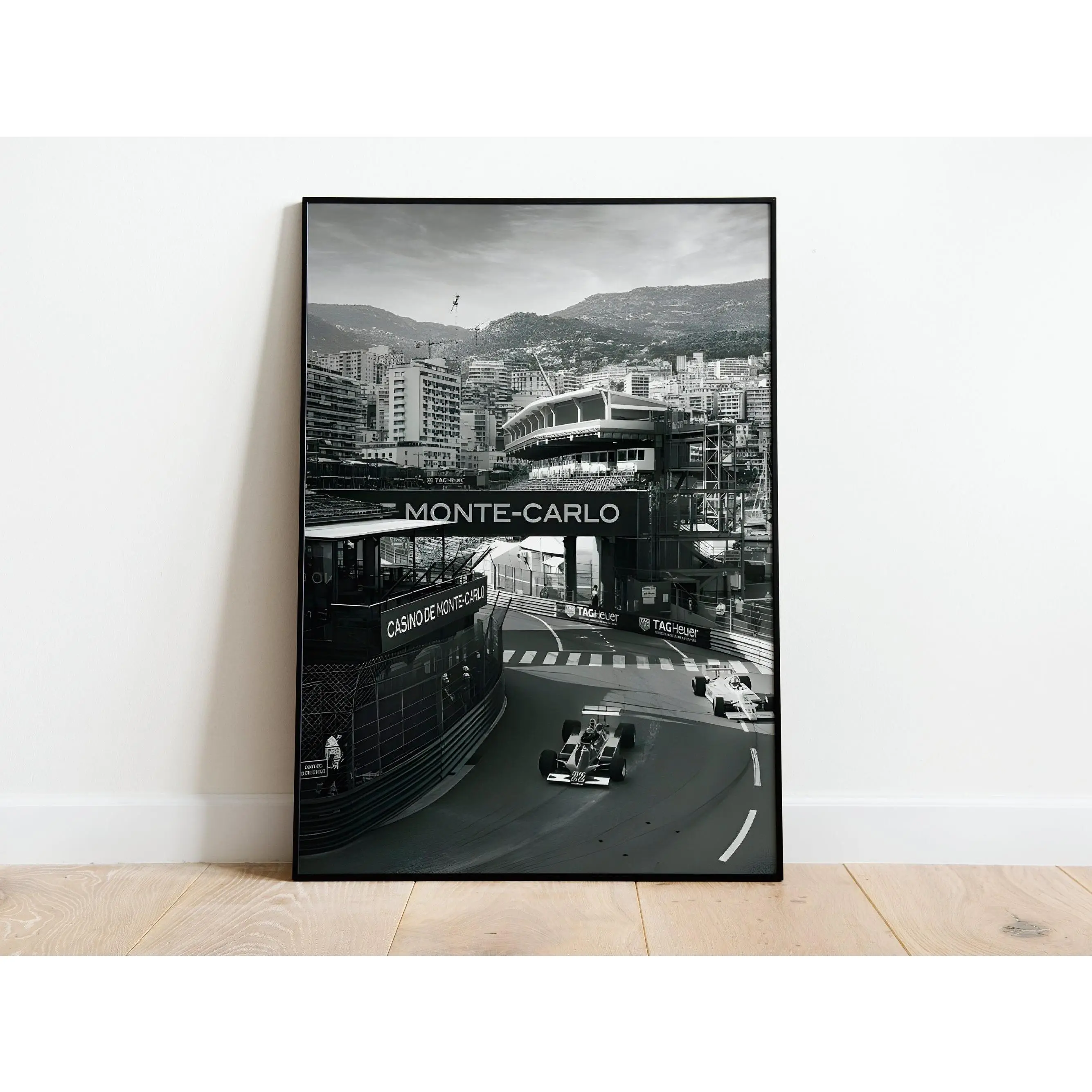 Monte‑Carlo Racing Track Black White Canvas Wall Art, Vintage F1 Race Car City View Print, Motorsport Room Decor Unframed Canvas Poster, Frame Not Included