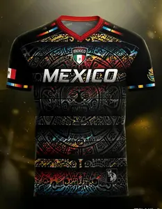 Mexico Soccer Jersey Aztec Calendar, Sporty Fitted Long Sleeve Top, Striped Ethnic Pattern, All Seasons Wear, Jersey Shirts