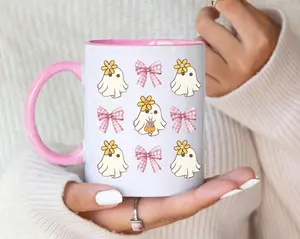 Halloween Coquette Ghost Coffee Mug: Vintage Floral Coquette Ghost Coffee Mug Pink Halloween Mug Coquette Spooky Cute Ghost Mug