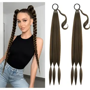 2PCS Long Braid Ponytail Extension with Hair Tie 32 Inch DIY Braided Wrap Around Elastic Band Pony Tail Synthetic Hairpiece Natural Soft Fluffy Style for Women Girl Daily Wear Brown Black