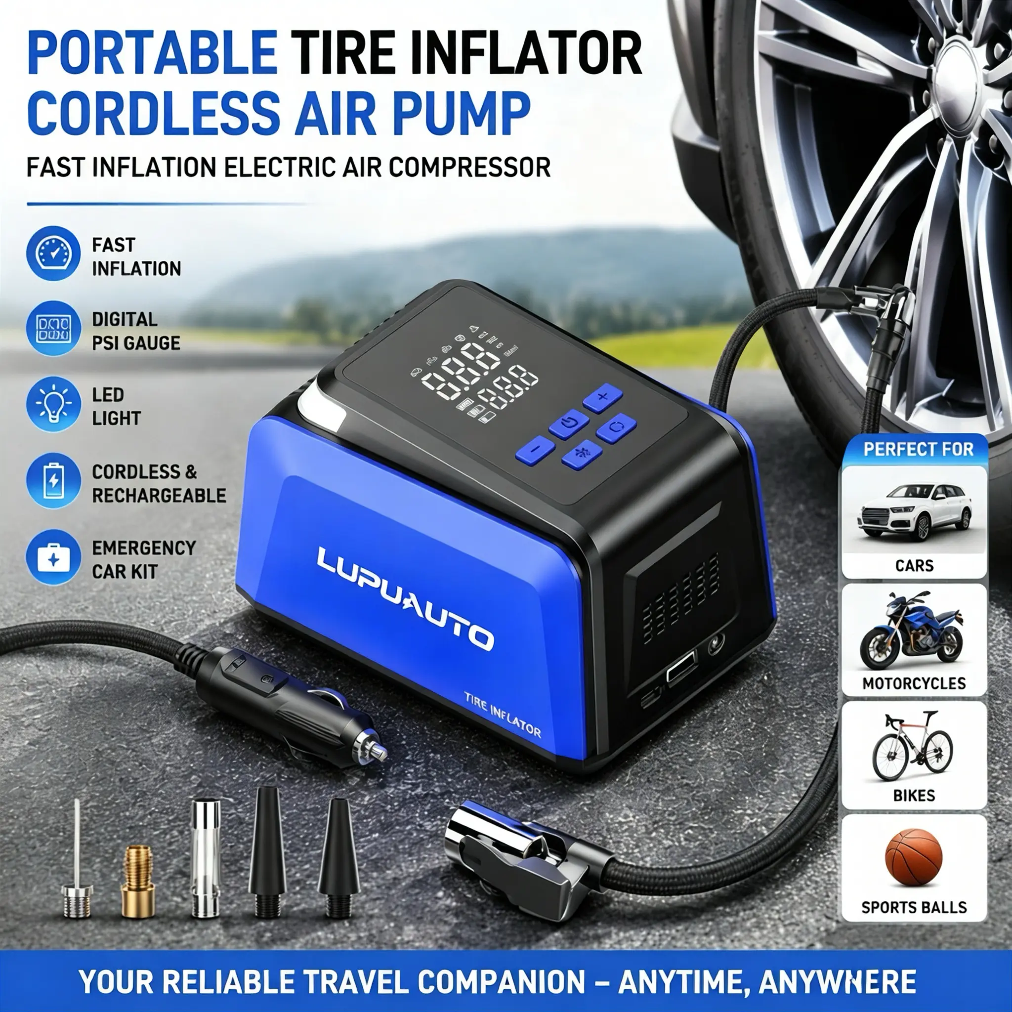 Portable Tire Inflator Cordless Air Pump – Fast Inflation Electric Air Compressor with Digital PSI Gauge & LED Light, Emergency Car Kit for Road Trips, Cars, Bikes & Motorcycles