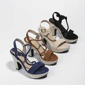 Elegant Women's Summer High Heel Sandals - Comfortable, Versatile Block Heel Platform Shoes with Ankle Strap, Open Toe Design in Navy, Beige, and Black - Perfect for All Occasions