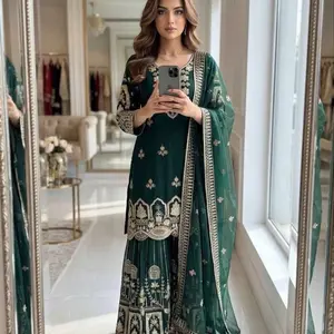 Green Georgette Sharara Suit With Sequin Work Elegant green georgette sharara suit highlighted with zari and sequins embroidery