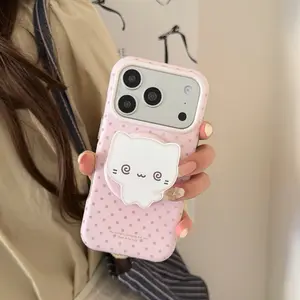 Magnetic Foundation Polka Dot + Cat Stand Phone Case Cover for Apple iPhone 17 Pro Max, Protective, Fashionable Creative, Korean Cartoon, Simple Elegant