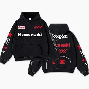 Retro Red Monster Ninja Racing Washed Hoodie MotoGP World Champion Enthusiast Apparel Streetwear Helmet Racing Team Super Motorsports Clothing Riders Motocross Off-Road Dirt Bike Fan Gear Cotton For Motor Fan FM