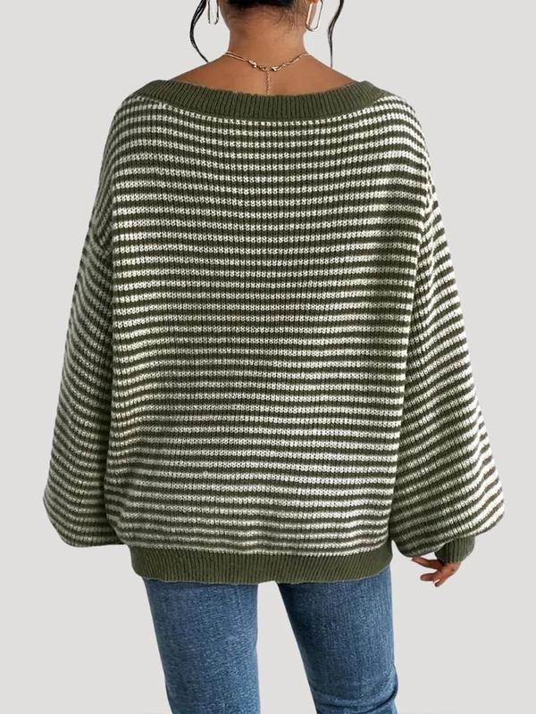 Women's Oversized Striped Knitted Sweater Off Shoulder Long Sleeve Pullover for winter 2026 Fashion Casual Knitwear Tops