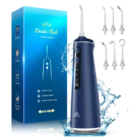 Dada-Tech Wireless Rechargeable Oral Irrigator (Water Flosser) - 8 Adjustable Flow Rate DIY Modes, 7 Jets, 300ml Tank, Cordless Portable, Plaque-Removing, 1-Fill Clean, for Adults' Teeth & Brace Care, Fathersdaygift, Blue