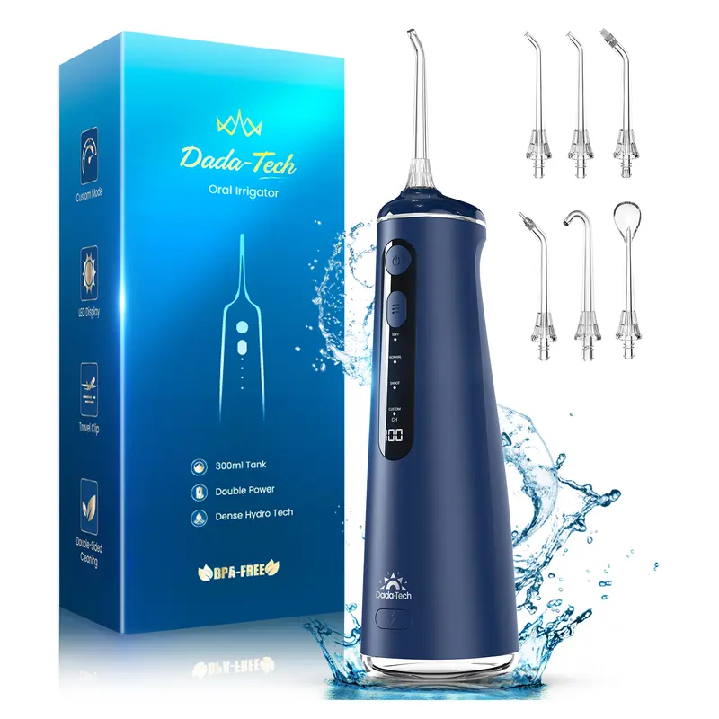 Dada-Tech Wireless Rechargeable Oral Irrigator (Water Flosser) - 8 Adjustable Flow Rate DIY Modes, 7 Jets, 300ml Tank, Cordless Portable, Plaque-Removing, 1-Fill Clean, for Adults' Teeth & Brace Care, Fathersdaygift, Blue