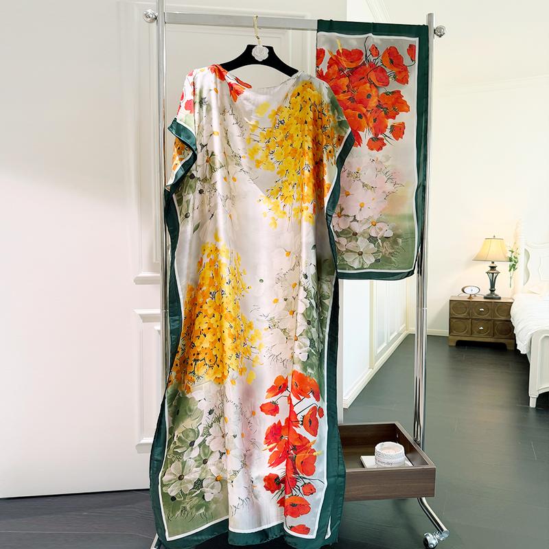 Women's Floral Print Moomoo & Scarf Set - Boho Casual Shawl Dress for Beach Vacation and Holiday Enjoyment, Ladies Clothes for All Seasons