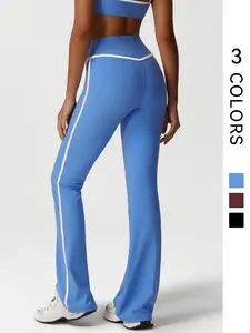 Women's High Waist Striped Trim Sports Flare Leg Pants, Casual Comfy Breathable Bell Bottom Trousers for Yoga Gym Workout Running, Ladies Sportswear for Indoor Outdoor Wear