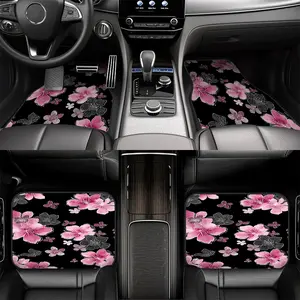 4pcs Car Floor Mats featuring Pink Blossoms on Black Pattern, Compatible with Sedans or SUVs, offering All-Weather Protection and Easy Cleaning, Perfect for Family Travel and Personalized Interior.