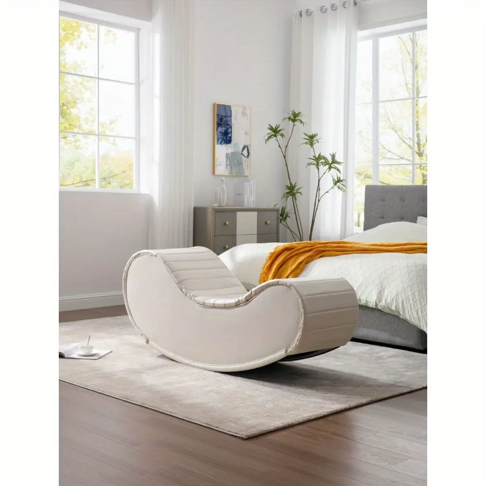 Laboratory Rocking Leisure Bench Relax Yoga Chaise Modern Faux Leather Curved Sofa Upholstered Yoga Chaise for Living Room Bed Room Decompression Chair White & Black