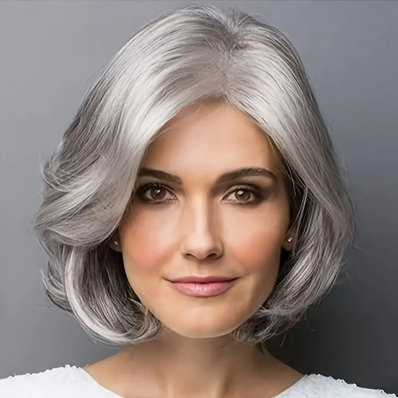 1 piece, 12-inch elegant, fashionable and simple full lace wig with silver-gray short hair for women made of chemical fiber, suitable for banquets and parties