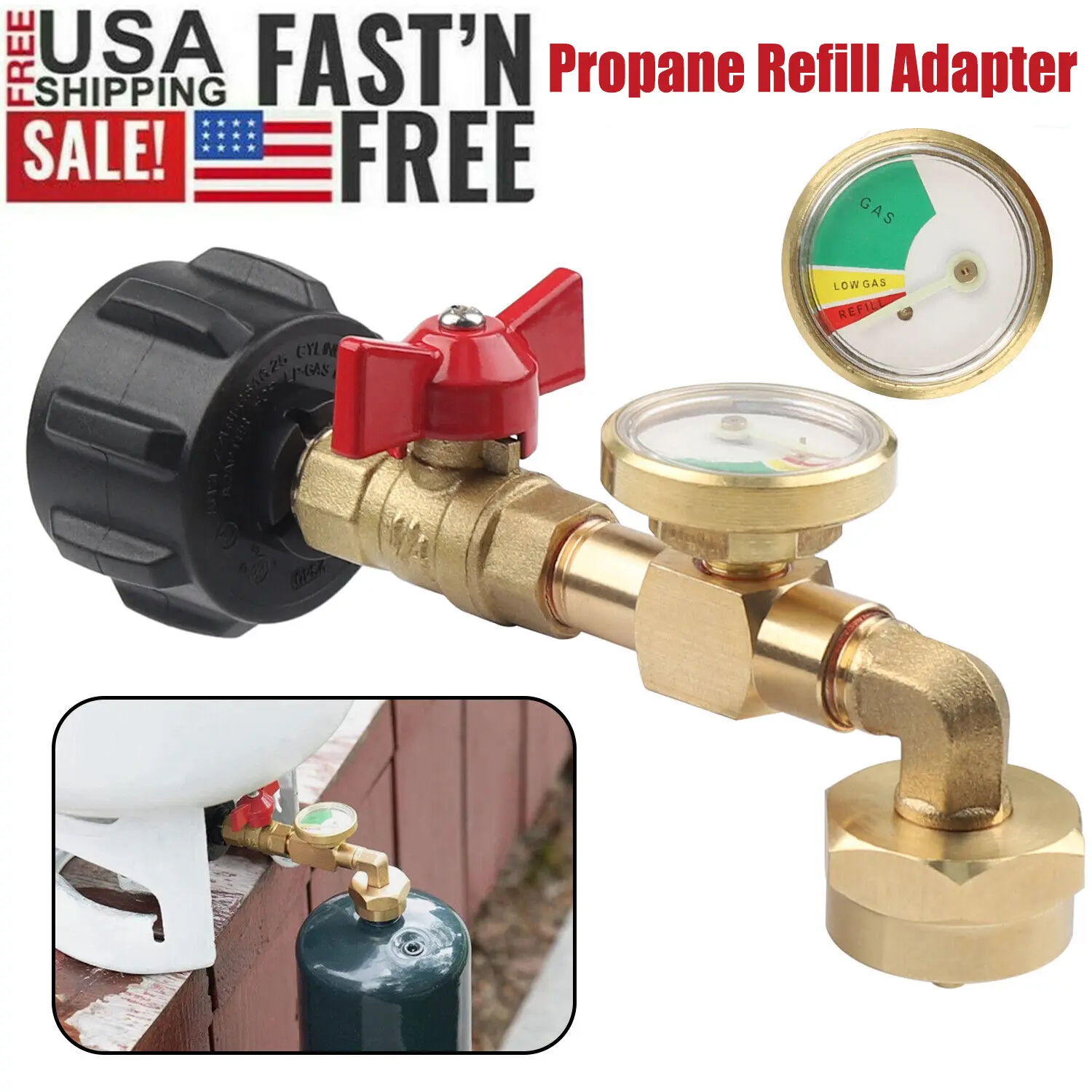 QCC1 Propane Refill Elbow Adapter with Propane Tank Gauge, 90 Degrees Propane Refill Pressure Adapter with ON-Off Control Valve for Camping Grill 1LB Bottle Tank 20-40LBS Cylinder Gas