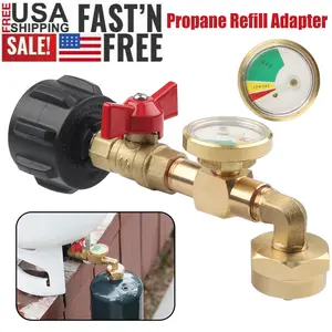 QCC1 Propane Refill Elbow Adapter with Propane Tank Gauge, 90 Degrees Propane Refill Pressure Adapter with ON-Off Control Valve for Camping Grill 1LB Bottle Tank 20-40LBS Cylinder