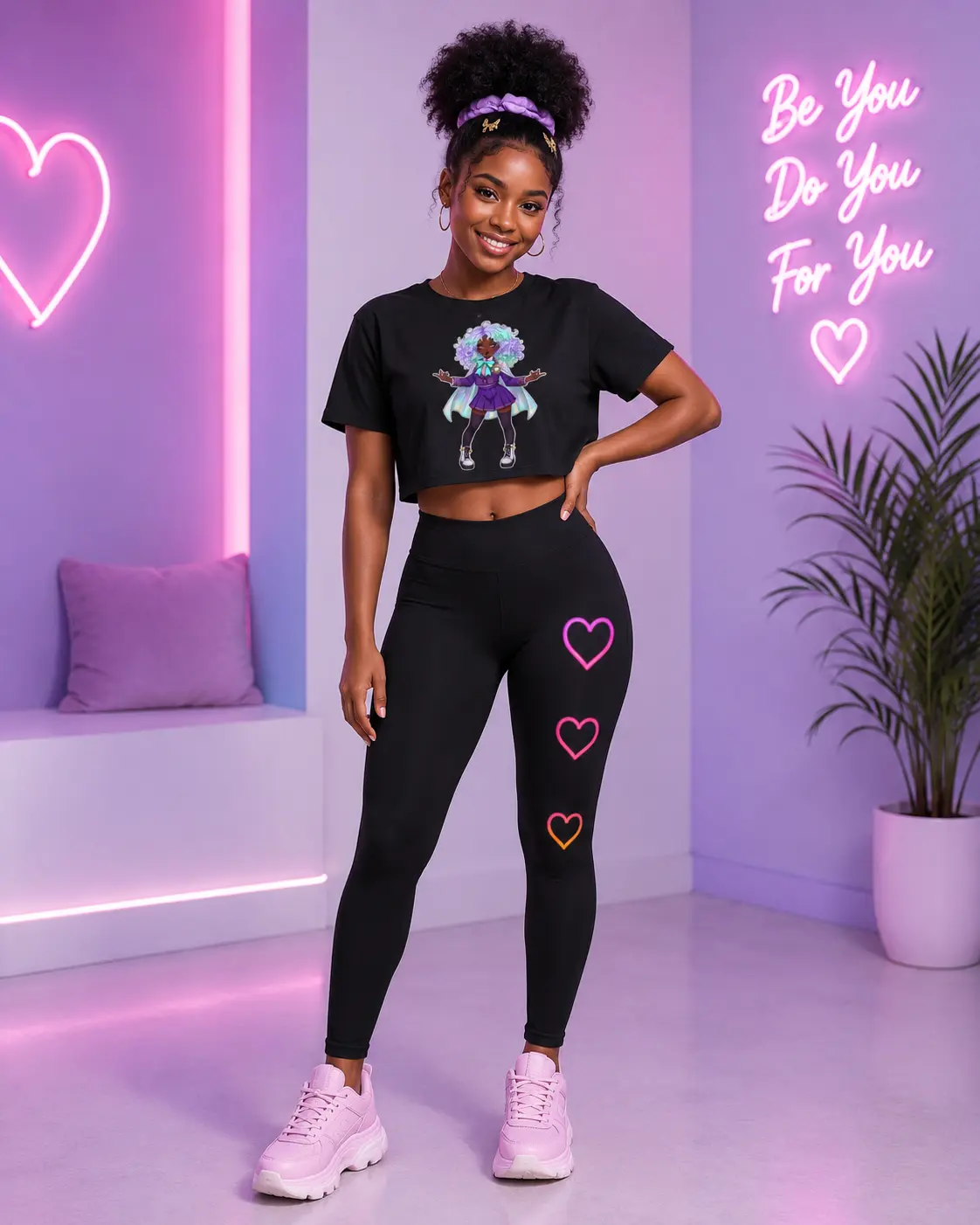 Black Leggings with Pink Gradient Heart Accents