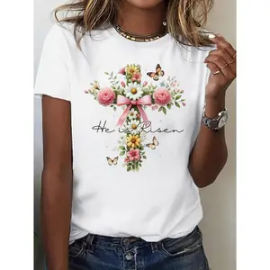 Elegant Watercolor Floral Easter Bunny and Egg Pattern TShirt Perfect for Ladies Spring and Summer Comfort