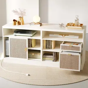 ModerMate 2 Drawer Lateral File Cabinet, 63” Wood Filing Cabinet for Home Office with Lock, Adjustable Storage Shelves, AC/USB, Sliding Door, Wide Office Credenza, Fits Letter/A4 Size, White Rattan