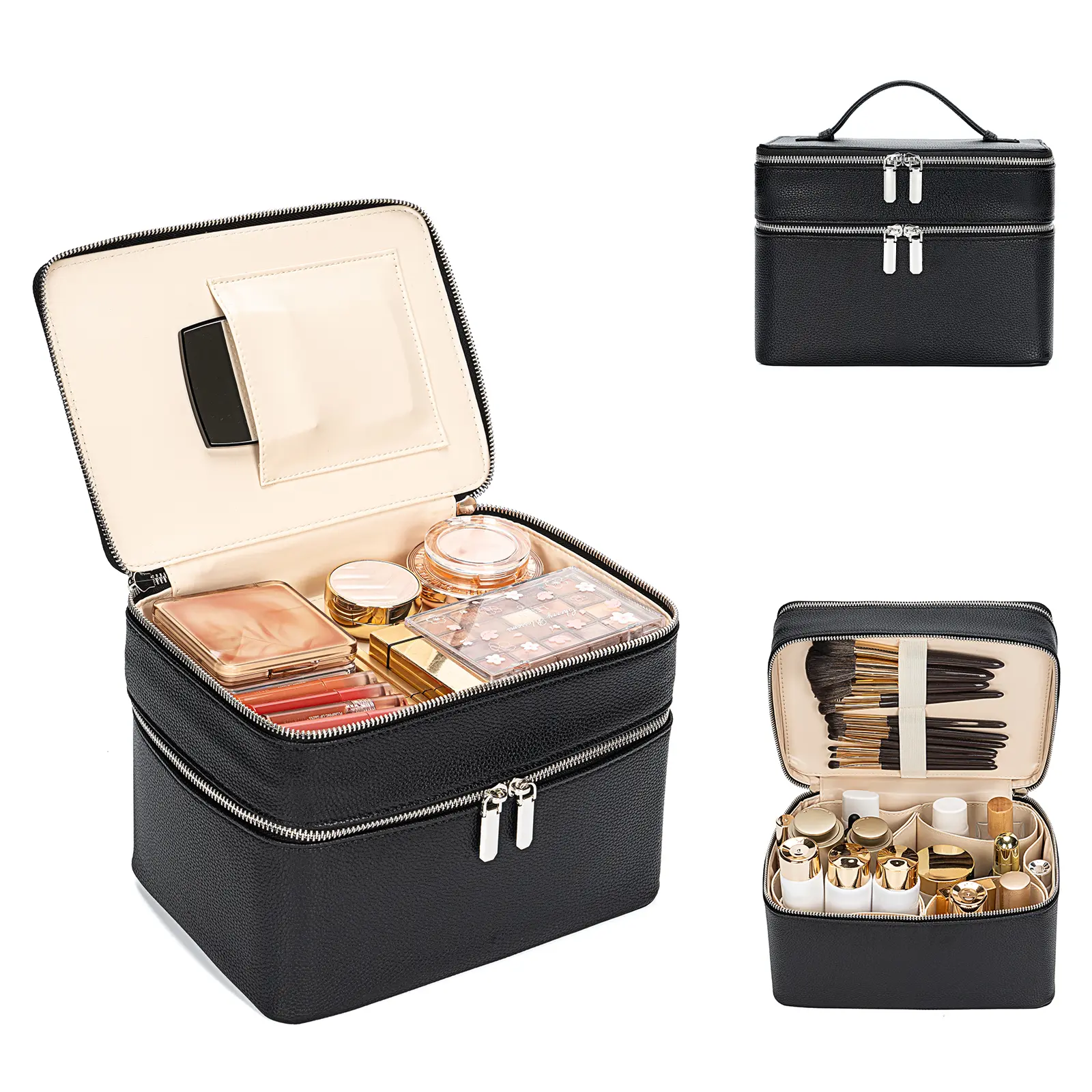 BAGOK Travel Cosmetic Bags for Women, Large PU Leather Vanity Case with Double Layer Design, Removable Dividers, Brush Holder & Handle, Makeup Container Set