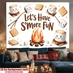 2D Flat, 1pc S'mores Fun Birthday Party Backdrop - Whimsical Marshmallow & Gingerbread Design with Campfire Scene, Polyester Banner for Home, Room or Wall Decor, High-Definition Print, Birthday Party Decoration, Photo Tapestry Ornaments