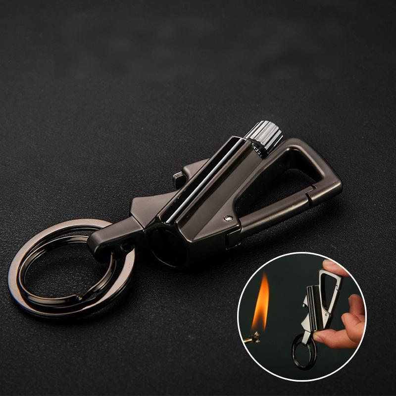Multi-functional three-in-one metal tool lighter keychain with bottle opener. It is reusable and suitable for various occasions such as outdoor activities, travel, camping, parties, etc.