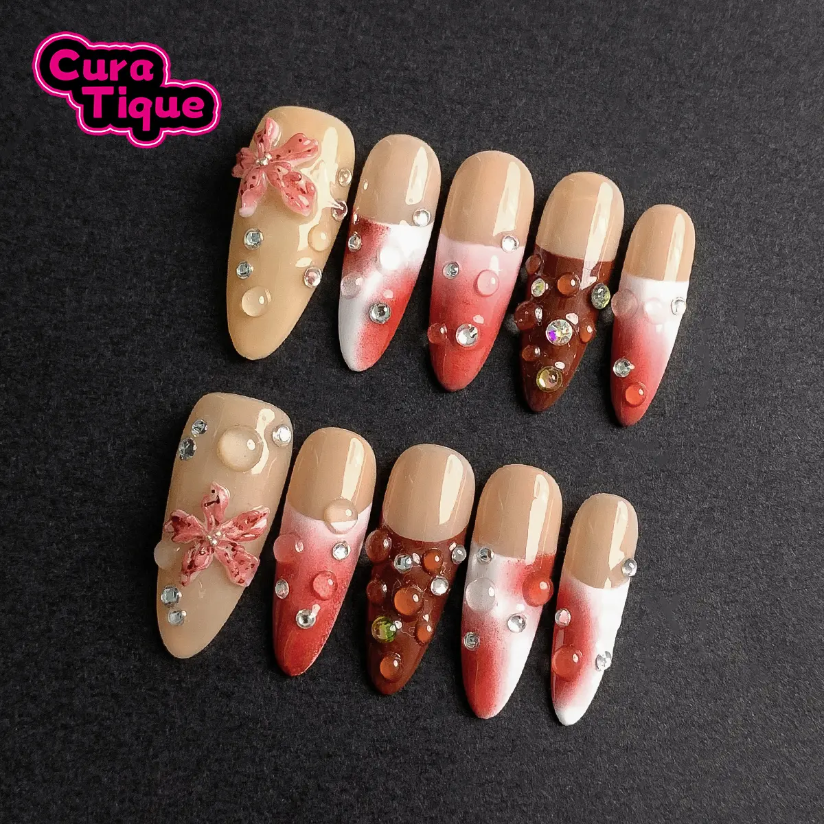 Curatique Grapefruit Fizz Press On Nails, 10 PCS Handmade 3D Gel Nail Set, Reusable Manicure Kit with Rhinestones for Prom