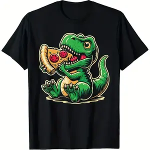 Cotton, Funny Dinosaur Eating Pizza Graphic, Comfortable Breathable, Minimalist Round Neck Tops Tees T-Shirts Daily Wear For Men Women Basic Classic