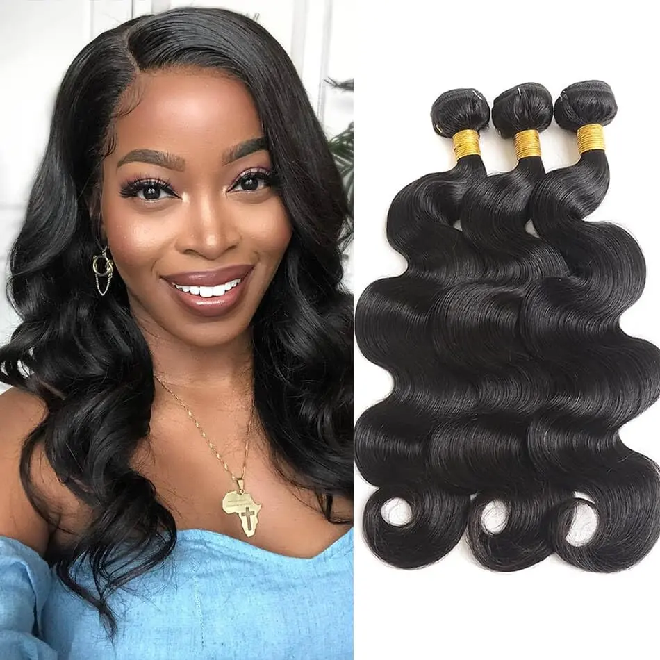 Premium Brazilian Human Hair Weft Bundles Soft Silky Natural Black Body Wave Deep Wave Straight Hair Extensions Full Thick Volume For Women
