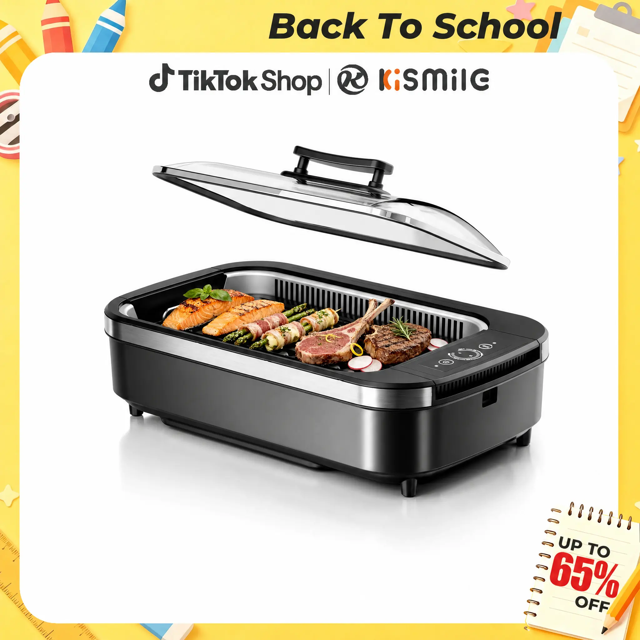 Kismile Smokeless Indoor Grill, 1500W Electric Grill Indoor with Tempered Glass Lid, Non-Stick Korean BBQ Grill with 6-Level Temp Control, Dual-Turbo Smoke Extractor, Drip Tray & Dishwasher-Safe Parts,home essentials