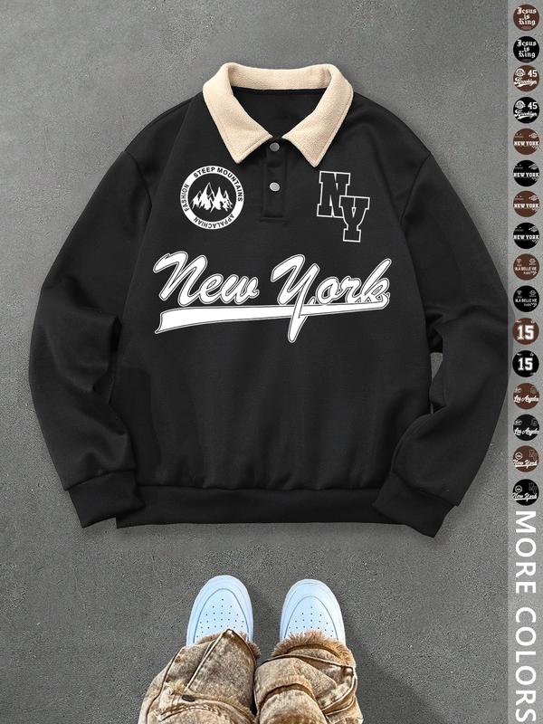 Unisex Y2K Style New York Letter Print Polo Sweatshirt, Thick Retro British Aesthetic Lamb Wool Collar Pullover for Streetwear Casual Wear Unisex Y2K Style New York Letter Print Polo Sweatshirt, Thick Retro British Aesthetic Lamb Wool Collar Pullover for Streetwear Casual Wear