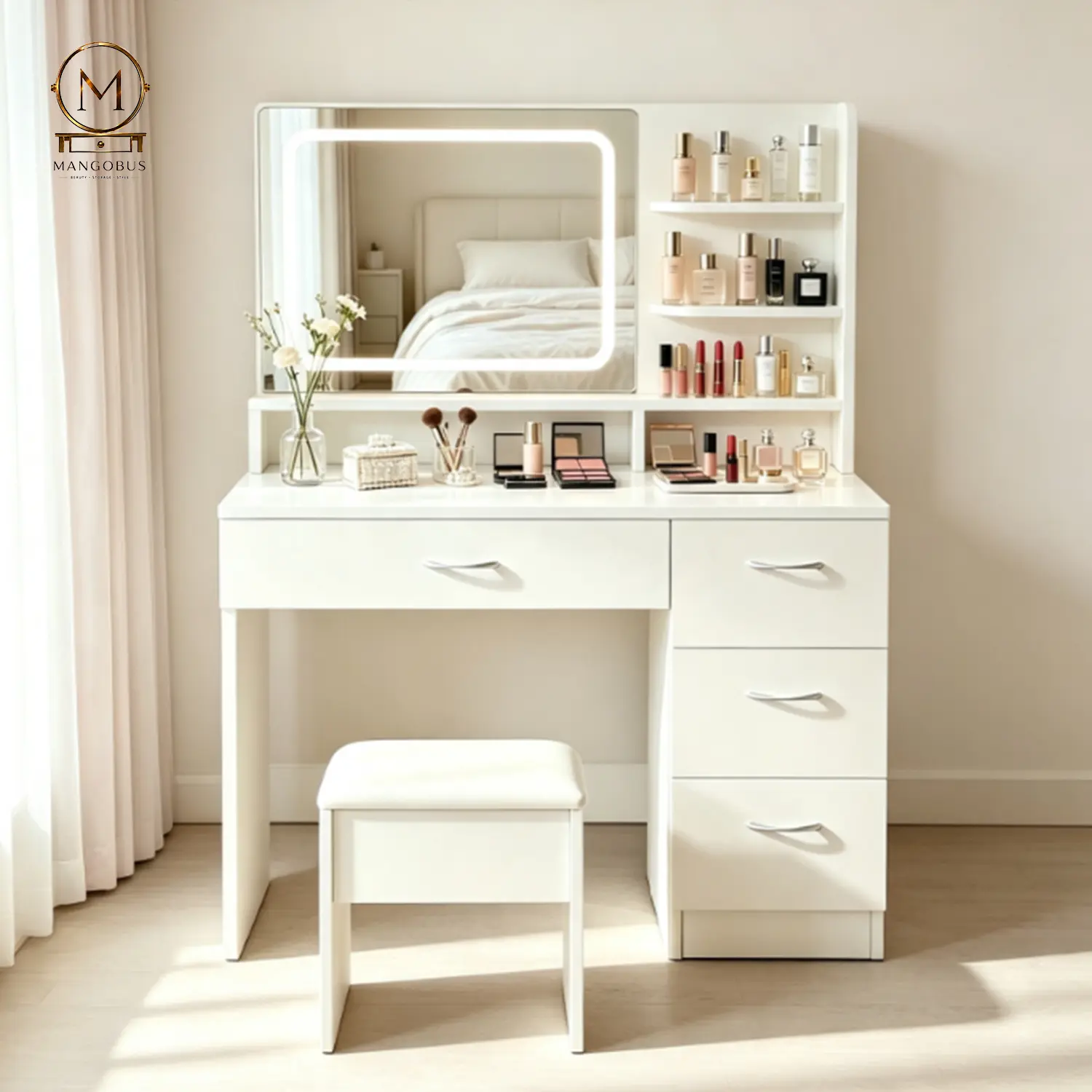Stylish vanity table includes lighted mirror, white dressing table with stool and storage drawers; suitable for teens and adults home dressing rooms/bedrooms