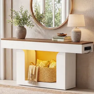 63-Inch Long Console Table with LED Lights & Charging Station, Wooden Rectangular Sofa Table Behind The Couch, Farmhouse Entryway Table for Entrance, Hallway, Living Room