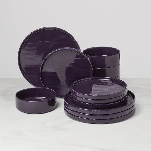 Lenox 897798 Modulus Nightshade Porcelain Dinnerware Set - 12 Pieces, Ribbed Texture Round Plates for Modern Home Decor