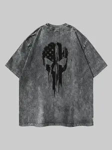 Gothic Skull Graphic Oversized T-Shirt Distressed Grunge Streetwear Tee Heavyweight Boxy Fit Drop Shoulder