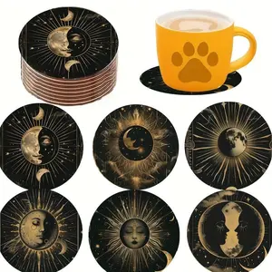 Wooden Coaster, 6 Counts/set Sun & Moon Pattern Heat Resistant Non-slip Placemat, Decorative Kitchen Coasters for Home Kitchen Dining Room