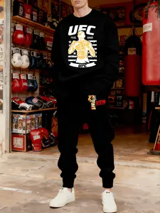 Men's Ufc Comic Style Boxing Fighter Boom Pattern Printed Set, Casual Round Neck Long Sleeve Hoodie & Sports Pants, Spring & Fall Fashion