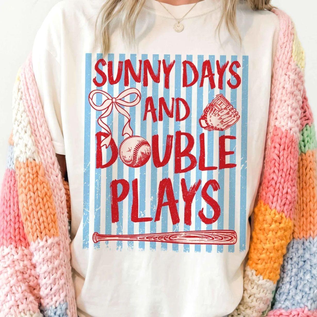 Comfort Colors® Coquette Sunny Days And Double Plays Baseball T-shirt, Baseball Season Shirt, Baseball Mom, Preppy Baseball Striped Shirt, Trendy Girly Game Day