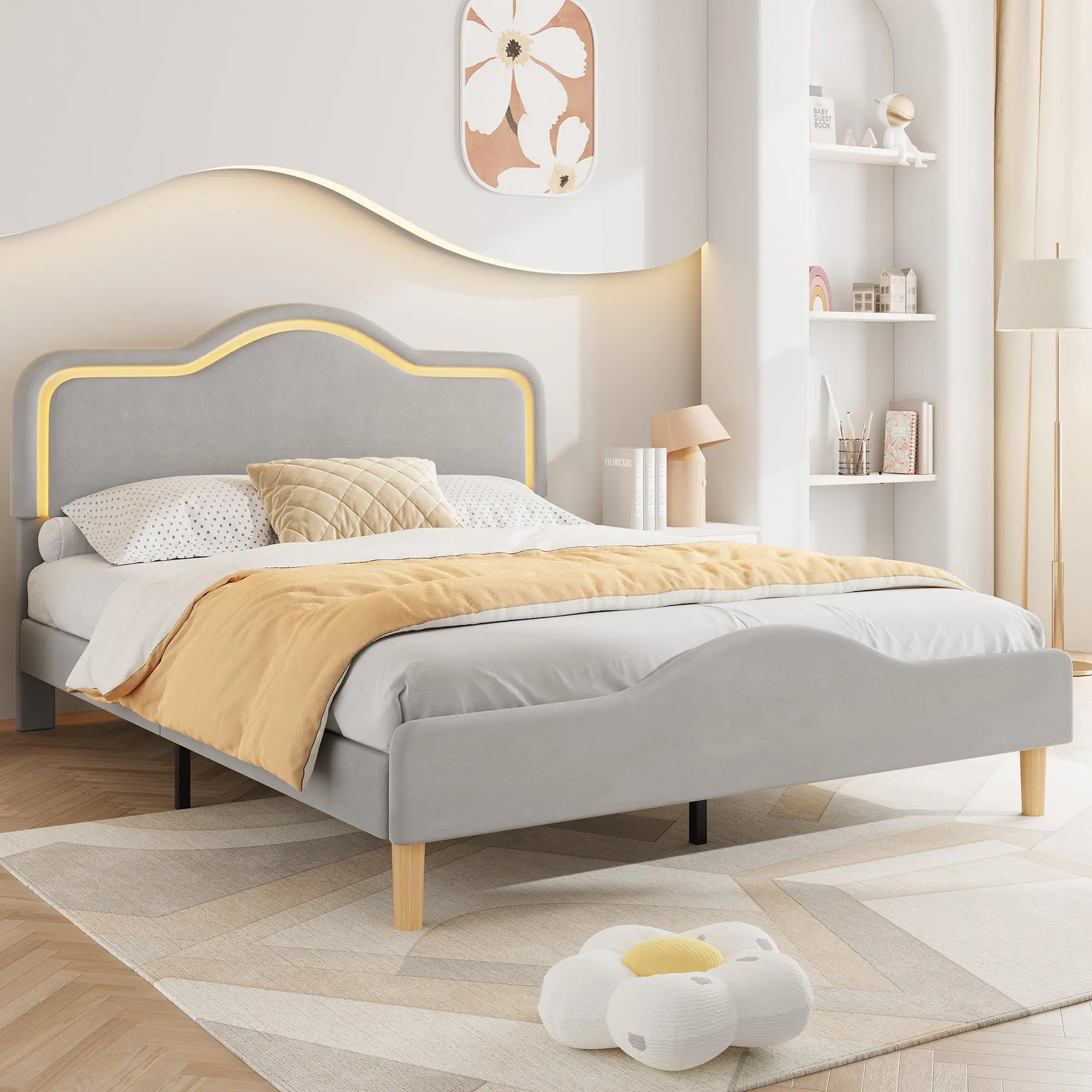Full Size Velvet Princess LED Bed Frame with Adjustable Headboard, Footboard, Wooden Slats Support, No Box Spring Needed, Easy Assembly, Gray (for Kids), Led Lights