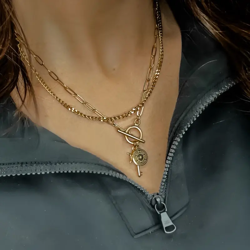 Dainty Hecate Necklace Waterproof Paperclip Toggle Chain with Key & Labyrinth Charms 14k Gold White Gold Two Tone Goddess Jewelry 17" Length Hypoallergenic Anti-Tarnish